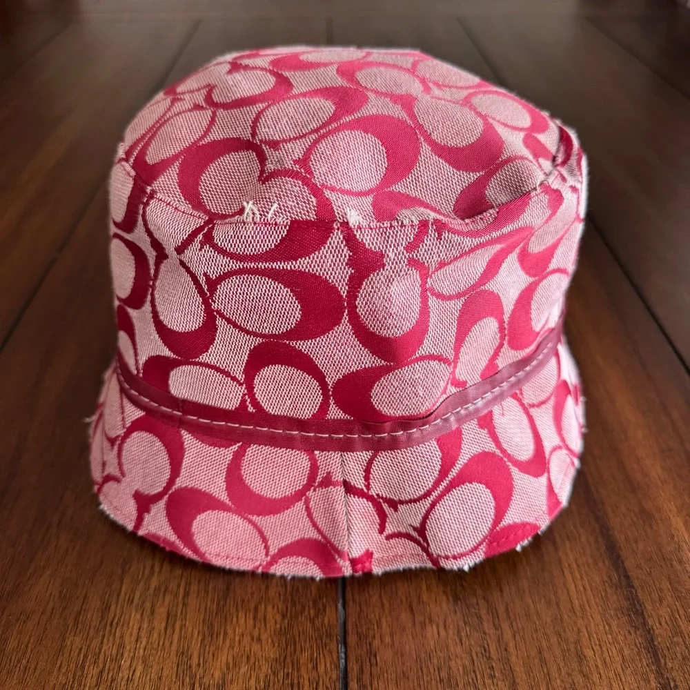 Vintage Y2K Coach Signature Red Monogram Bucket Hat‎ Distressed Trim Bow Accent